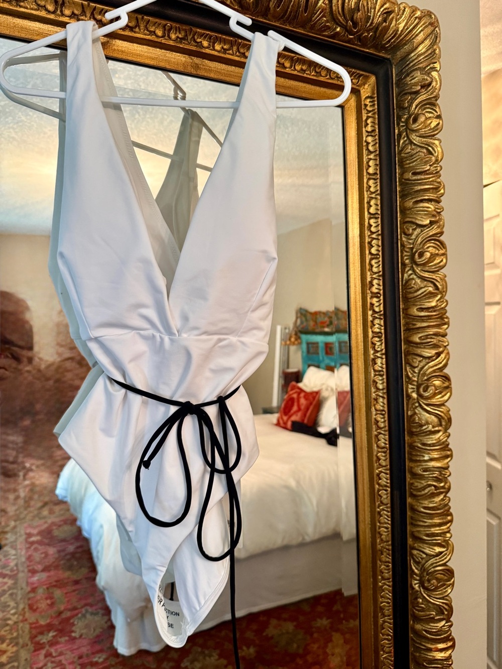 White One-Piece Swimsuit with Black Tie